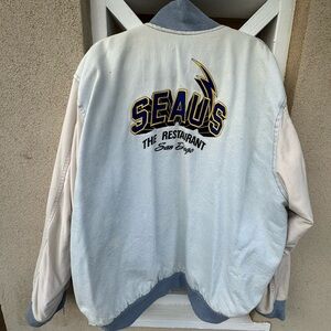 Jr. Seau's Restaurant Blue and White Varsity Chargers Jacket